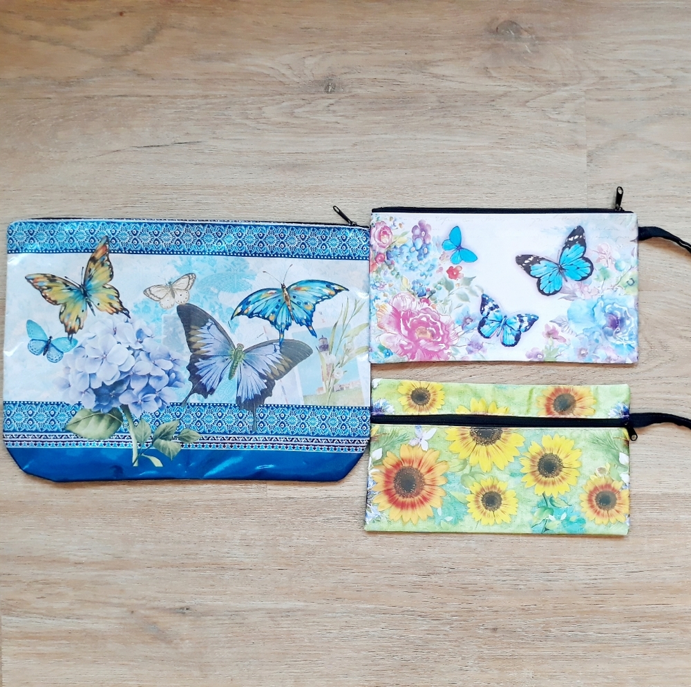 3 Floral Butterfly Cosmetic Travel Pouch with Wristlet Strap - Picture 12 of 12